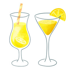 Lemon drinks watercolor and line art. Two lemonade cocktails with citrus. Fresh summer illustration.