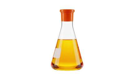 Isolated Erlenmeyer flask filled with amber liquid in a laboratory or science setting