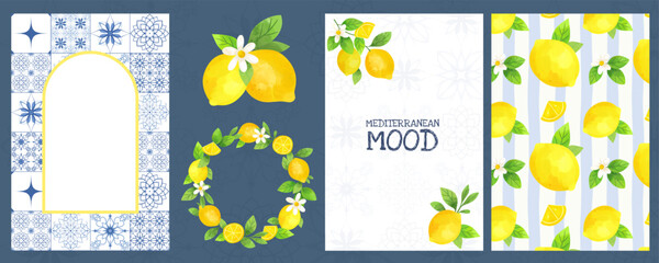 Watercolor lemons set with leaves and flowers. Mediterranean mood. Frame, wreath, pattern for background, card, poster or invitation