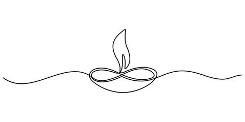 Continuous line drawing illustration of Diwali candles, for religious concept 1. Oil lamp, candle burning flame black contour line simple minimalist vector. Editable outline