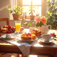 Elegant breakfast spread in sunlight, including pastries, fruit, and drinks