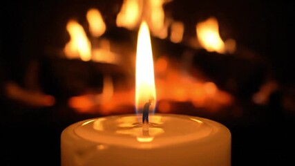 Close up macro shot of a single white candle flame flickering gently in front of a warm glowing fireplace with soft - Powered by Adobe