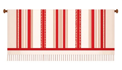 A rectangular textile featuring vertical red stripes, patterned details, and a fringe at the bottom. Held up by brown rods at either end