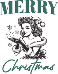 Retro Pin-Up Girl in Santa Hat Blowing Kiss with Script Text "Merry Christmas" – Vintage Holiday Typography Design for Cards, T-Shirts, and Festive Gifts