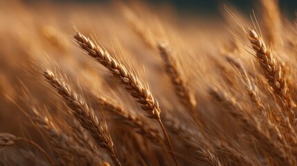 Fototapeta premium Close-up view of ripe golden wheat shining in the evening sunlight, capturing the calm charm of rural life.