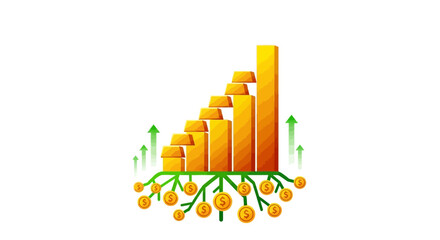 Financial growth depicted with a rising gold bar chart and a money tree producing golden coins, symbolizing successful investment and wealth