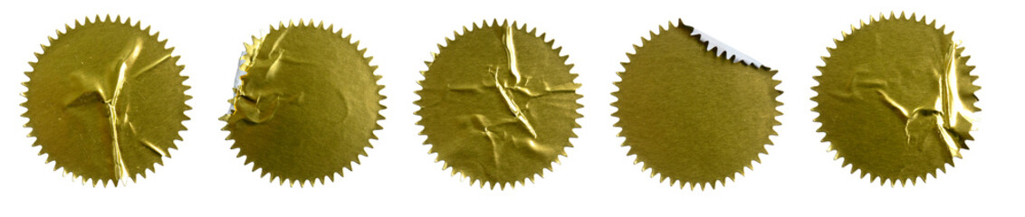 Set of Five Gold Starburst Stickers: Round, Crumpled, and Peelable Adhesive Emblems Isolated on...
