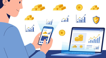 Man managing his digital gold investments and analyzing market data on a smartphone and laptop, illustrating a modern fintech concept