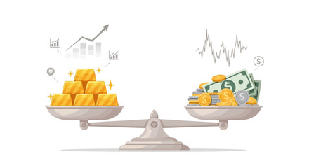 Golden Balance Comparing Gold and Money on Scales with Chart Background
