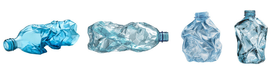 Obraz premium Set of crushed blue plastic bottles isolated on transparent background