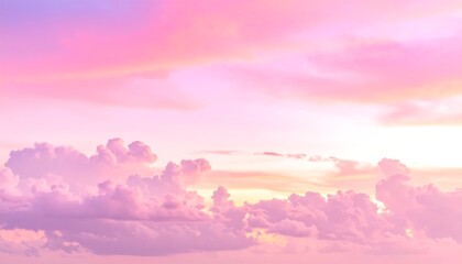 Fototapeta premium A picturesque, pastel-hued sky scene where the clouds are painted with shades of pink and soft orange. The sunlight peeks through