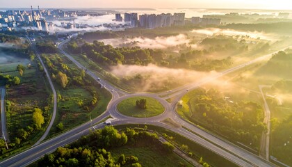 Fototapeta premium Aerial view of a roundabout in a city, surrounded by trees and fog