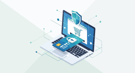 Secure Online Shopping Illustration with Shield and Credit Card on Laptop