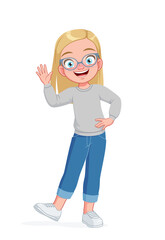 A cute little girl in glasses girl waving hand. Cartoon vector illustration.