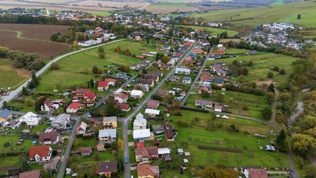 Zborov village and surrounding hills in eastern Slovakia, aerial drone view