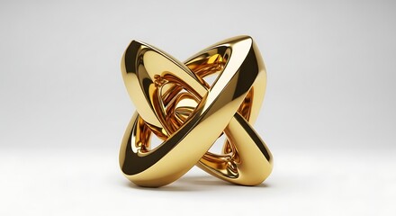 Abstract golden metallic shape, a complex knot sculpture, isolated on white background