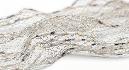 Abstract shimmering metallic mesh with intricate patterns and textures, isolated on white background