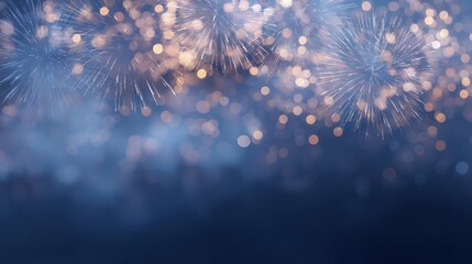 Dark blue and gold fireworks exploding with bokeh in the background, celebrating New Year Eve, copy space on sky