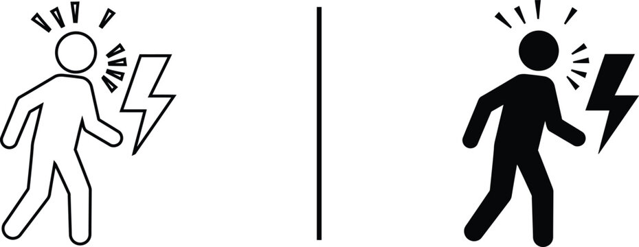 Lightning Strike Icon: Symbolic representation of a person struck by lightning, conveying themes of danger, risk, and sudden impact. The stark design emphasizes the element of electricity.