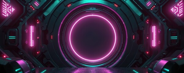 Futuristic portal with purple and green neon lights. Tech design has intricate details with reflections. Modern wallpaper for digital display. Cyberpunk style scene with glow effect for presentation.