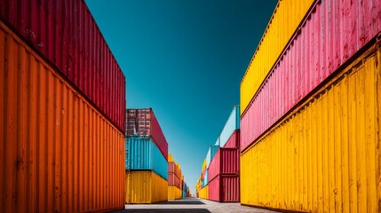 Fototapeta premium Colorful shipping containers stacked in industrial storage yard under clear blue sky