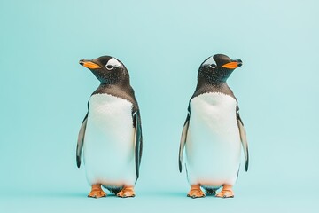 Fototapeta premium Two charming penguins positioned next to each other against light blue backdrop. Their vibrant orange beaks and distinct black and white feathers create fun and playful scene