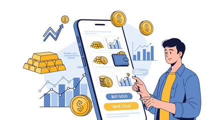 Online Gold Investment and Savings Illustration A man using a mobile app for financial growth