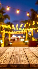 Evening scene with wooden foreground and bokeh lights overhead