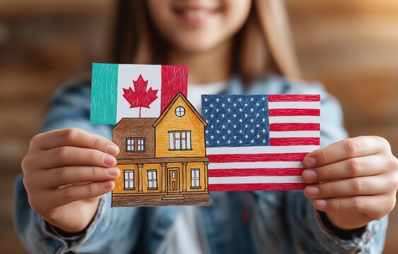 Representing unity through a child's drawing of a house and flags of Canada and the USA - Powered by Adobe