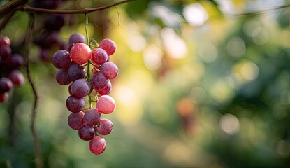 A close-up view of a bunch of ripe, red grapes hanging from a vine with a blurred, green background