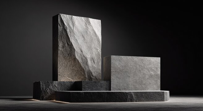 A minimalist, textured podium composition with rectangular rock formations