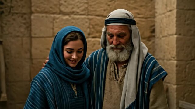 Old man with beard comforts and blesses a young woman dressed in blue shawl, ancient biblical setting footage