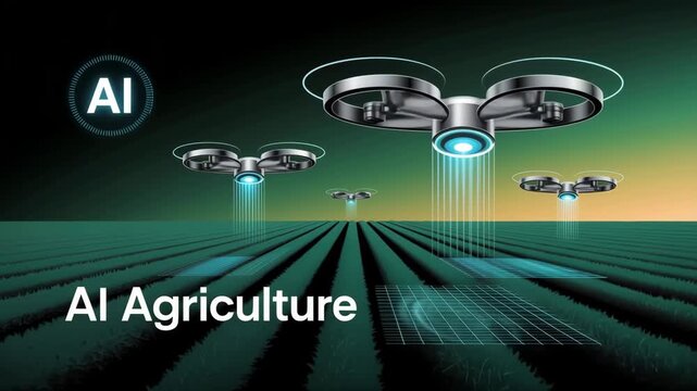 AI Agriculture: High-tech agriculture reimagined, where drones take center stage in a meticulously cultivated field. Drones analyze the crops. The future of food production is in full swing.