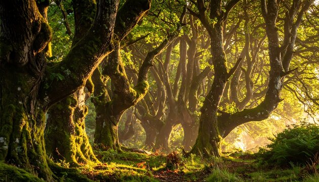 A sunlit forest path leads into the distance between gnarled trees. Foliage and filtered light create a golden scene