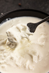 Stracciatella cheese soft young portion size Italian food natural product tasty snack fresh delicious gourmet food background on the table rustic top view copy space