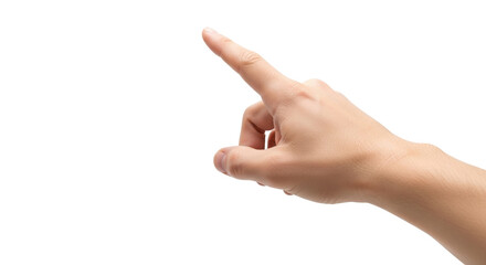 Isolated Caucasian hand pointing gesture towards upper right corner in studio shot