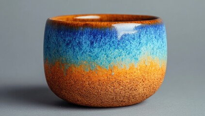 A ceramic cup with a gradient of colors; brown base, orange middle, and blue upper part
