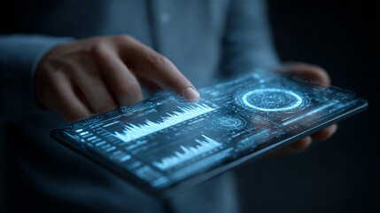 A focused entrepreneur holds a tablet projecting futuristic holographic charts in hyperrealistic detail. The scene conveys innovation, data-driven decision making, technology, and modern business stra
