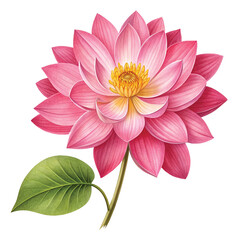 Obraz premium Vibrant Pink Lotus Flower Illustration – Realistic Botanical Artwork with Green Leaf on White Background