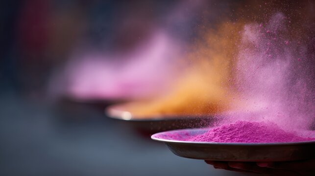 Group of Indians throwing colorful powders from thalis during Holi festival. Colorful splash, joy, and traditional celebration theme