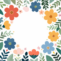 Floral wreath with colorful flowers and green leaves on white background 1.