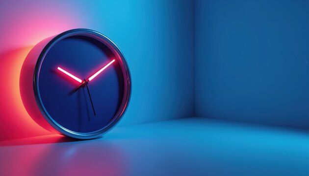Dark blue analog clock sits in vibrant blue corner. Neon pink hands glow brightly, casting warm pink light on wall. Modern minimalist clock embodies technology progress, future concepts, time