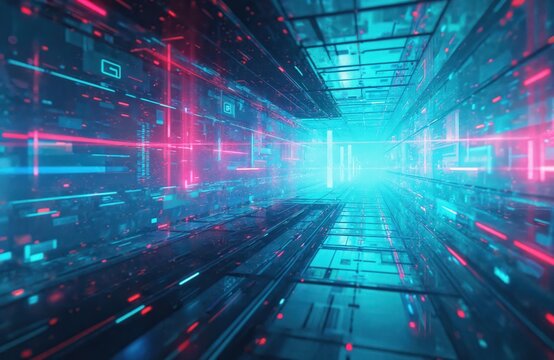 Abstract digital data tunnel shows glowing blue, pink neon lights. Futuristic tech background represents modern connection, cyberspace, internet network, virtual reality, artificial intelligence