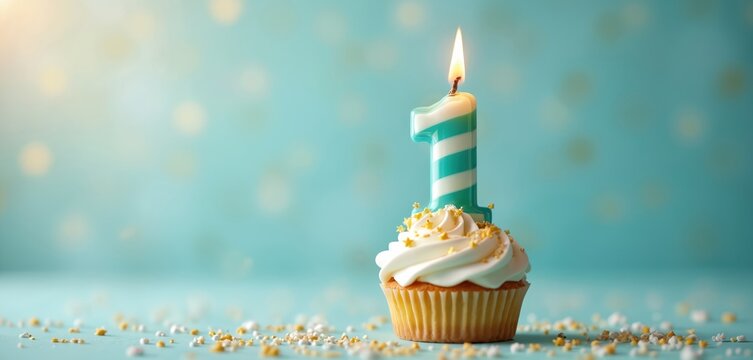 First birthday cupcake with lit number one candle for celebration. Sweet muffin with white frosting, gold sprinkles for party. One year old baby milestone dessert on pastel blue background with