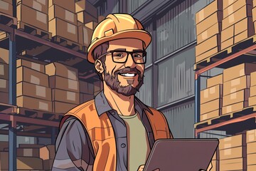 cartoon illustration cheerful warehouse manager stands among stacks of boxes, wearing safety gear and glasses, while using tablet to manage inventory in warehouse