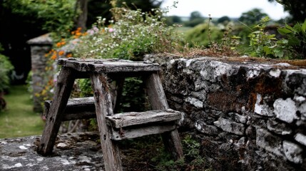 Weathered wooden ladder against a stone wall with lush greenery and flowers