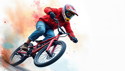 BMX rider on red bike performs dynamic action. Person wears helmet, red jacket, jeans, gloves. Watercolor splashes add vibrant background. Illustration of youth sport lifestyle, extreme cycling