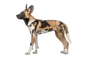 A side view of a beautiful African wild dog standing elegantly against a white isolated background.
