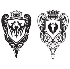 Fototapeta premium Vector illustration of two heraldic crests featuring crowns and ornate decorative elements.