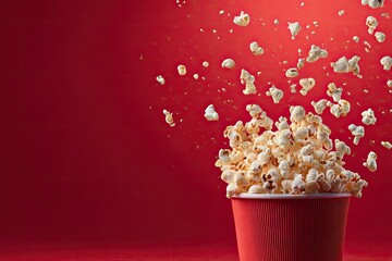 A red cup overflowing with fluffy popcorn against a vibrant red backdrop, some kernels airborne